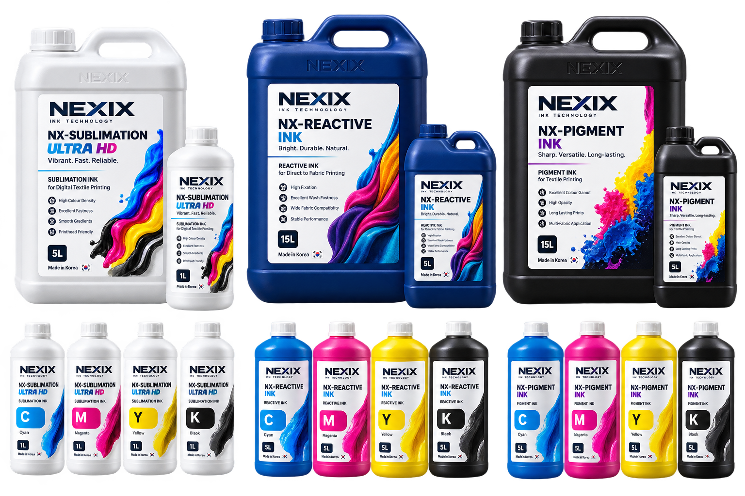 NX Sublimation Ink 5L and 1L bottles